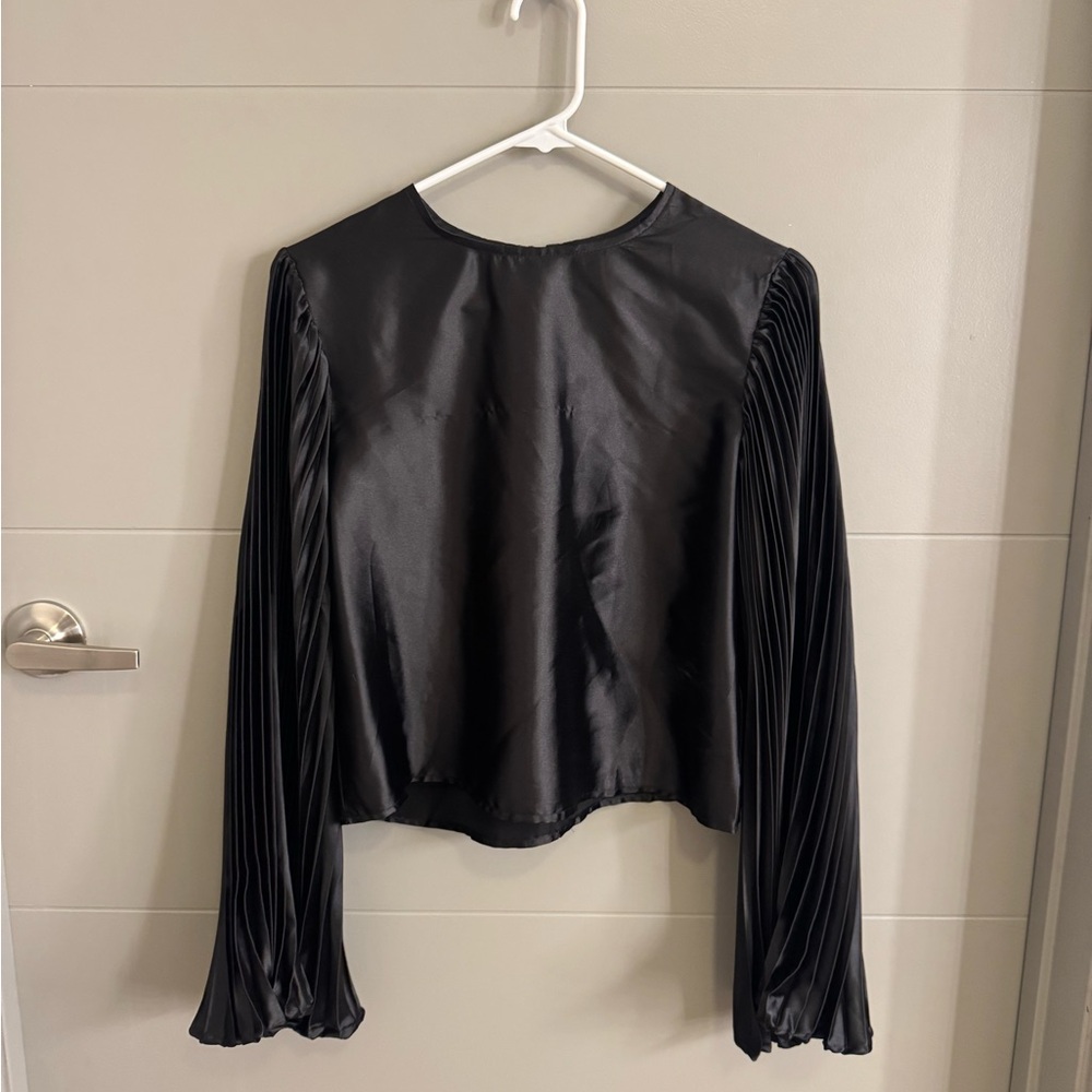 Chic Black Satin Blouse with Pleated Sleeves